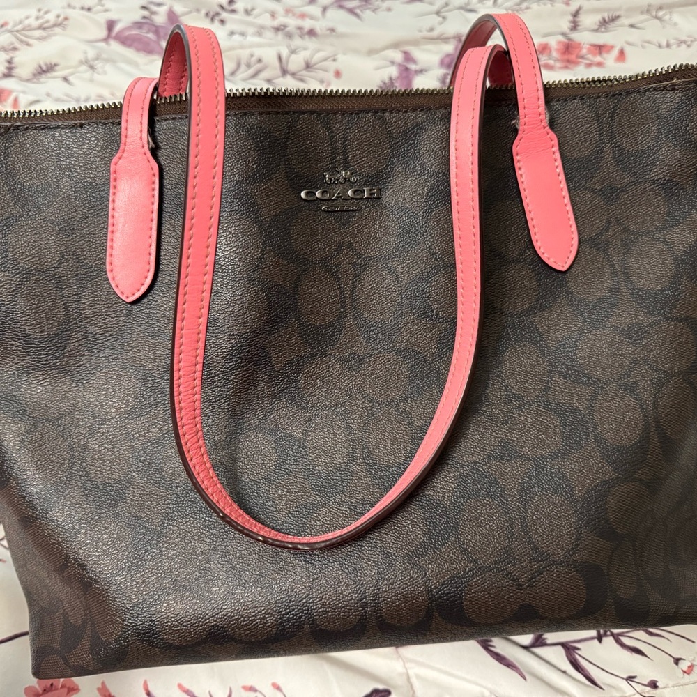 Coach Signature Brown Tote with Pink Accents
